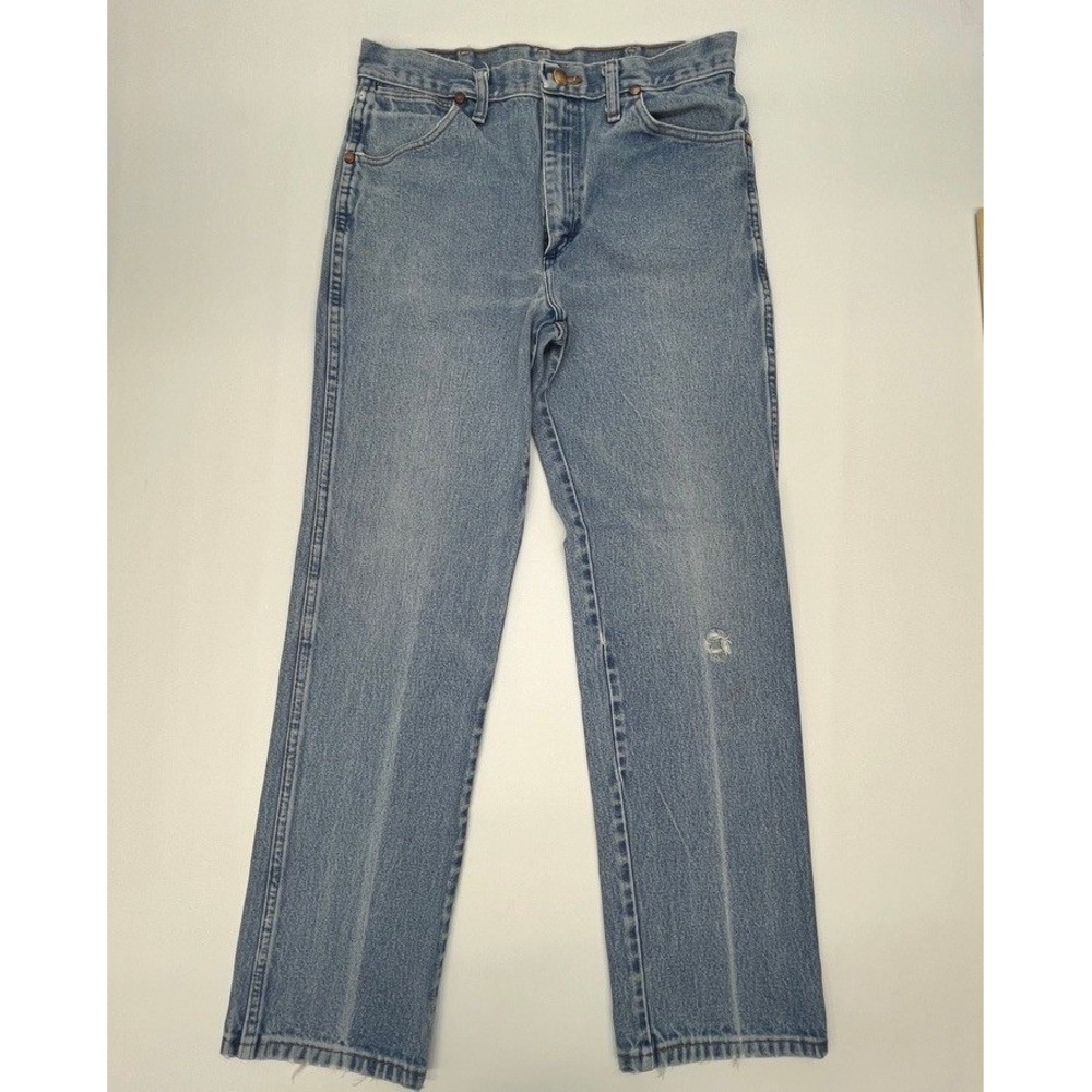 Wrangler 936DEN Cowboy Cut Slim Jeans Mens 32x32 Light Wash Distressed Vintage - Picture 2 of 8